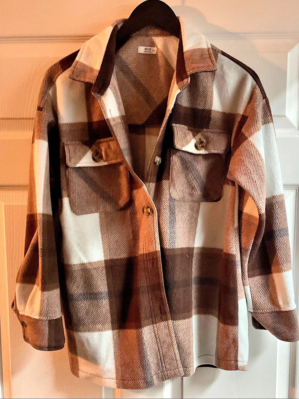 ARDENE Plaid Polar Fleece Shacket Brown & White Medium